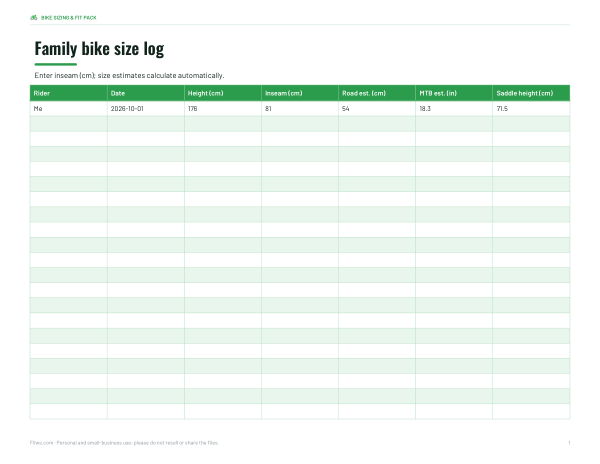 Preview of Printable Bike Size Log